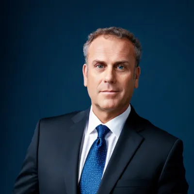 Middle-aged man with curly hair wearing a dark suit and blue tie against a dark blue background.