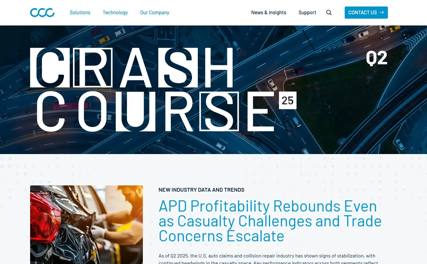 Website header for Crash Course Q2 2025 with aerial image of highway interchange and article titled 'APD Profitability Rebounds Even as Casualty Challenges and Trade Concerns Escalate' featuring a close-up of a car repair.