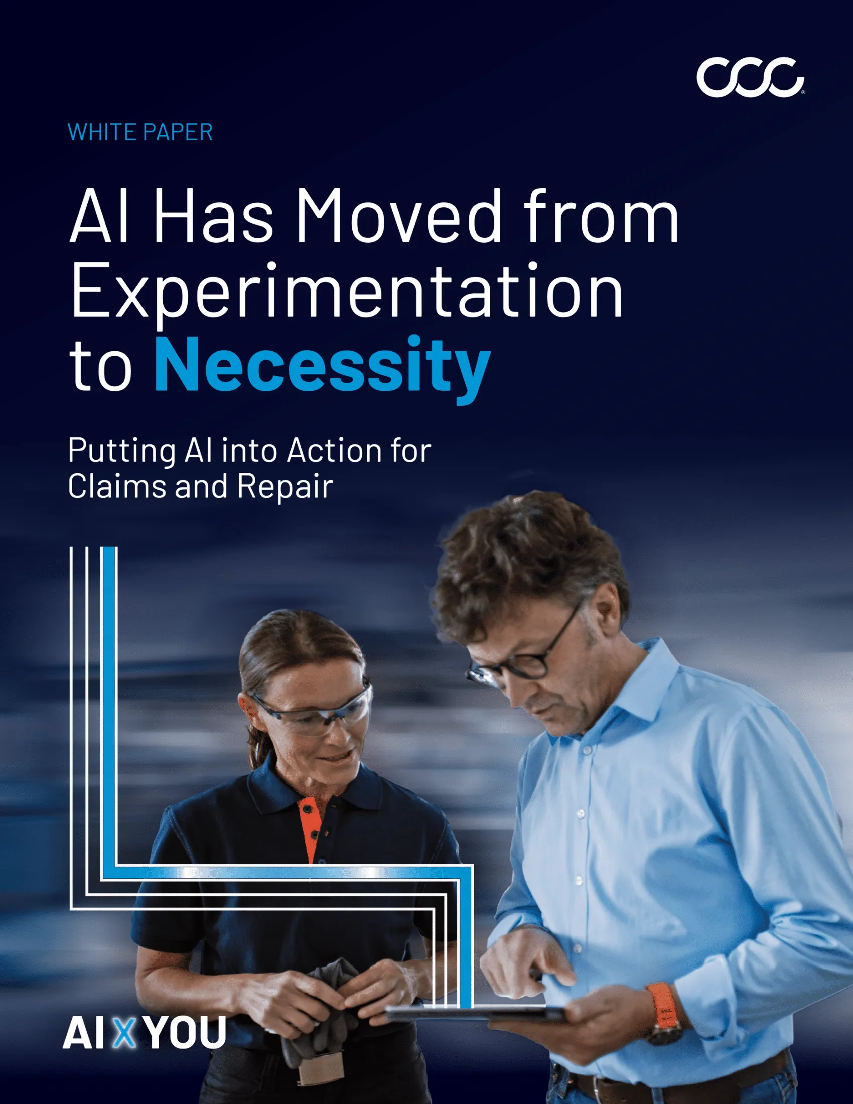 White paper cover titled 'AI Has Moved from Experimentation to Necessity' with subtitle 'Putting AI into Action for Claims and Repair,' showing two people reviewing a tablet.