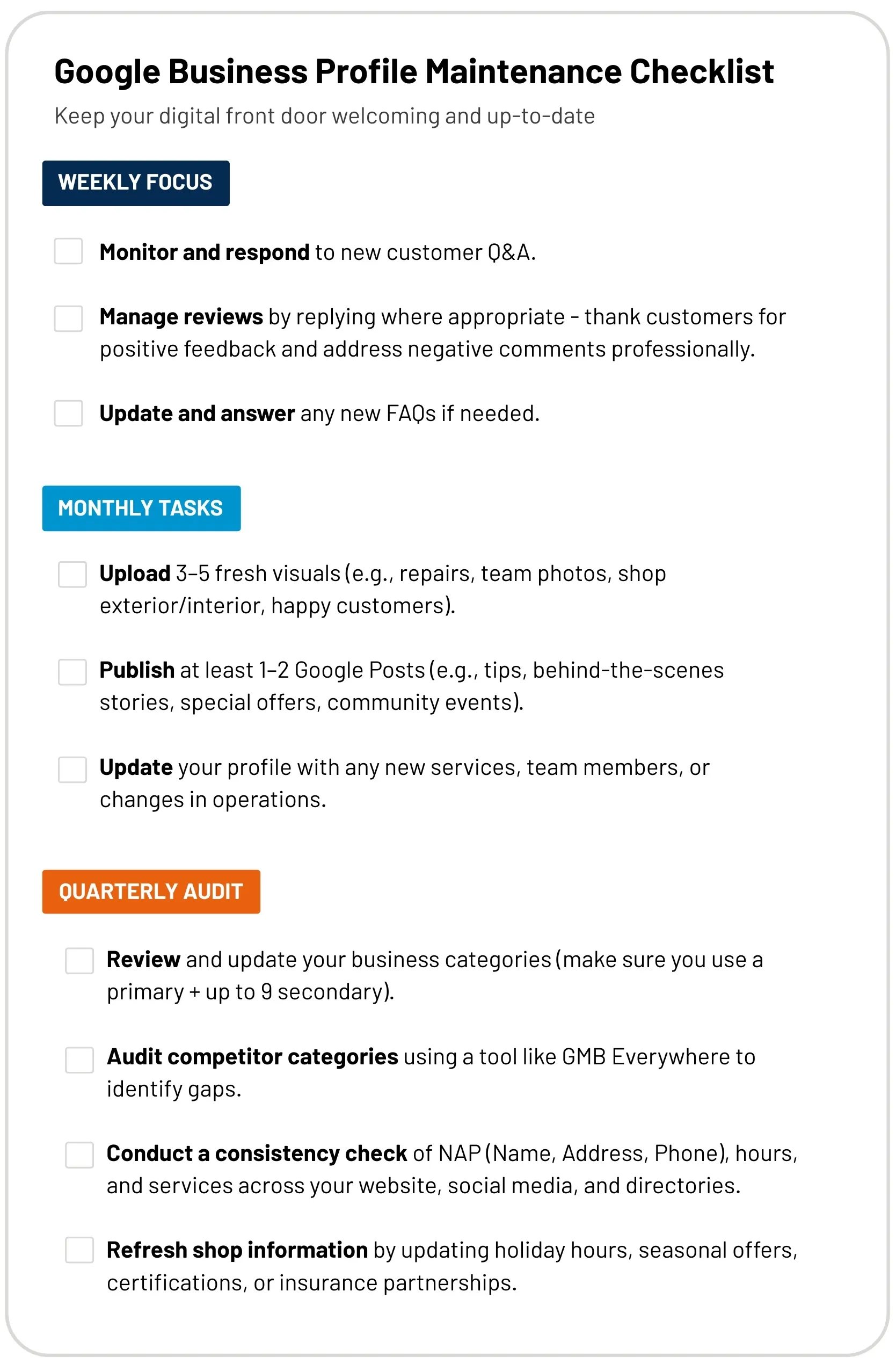 Google Business Profile Maintenance Checklist with weekly focus on monitoring Q&A, managing reviews, and updating FAQs; monthly tasks include uploading visuals, publishing posts, and updating profile; quarterly audit involves reviewing categories, auditing competitors, checking consistency, and refreshing shop information.