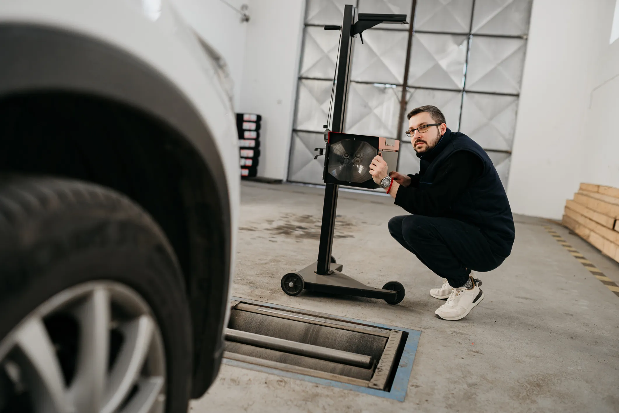 Mechanic adjusting a wheel alignment machine in a garage with a white car parked nearby.