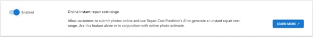 Toggle switch enabled with text about online instant repair cost range and a blue Learn More button.