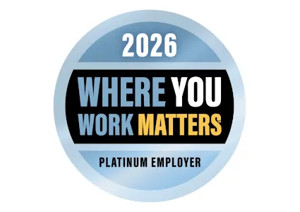 2026 Where You Work Matters Platinum Employer badge in blue, black, white, and yellow colors.