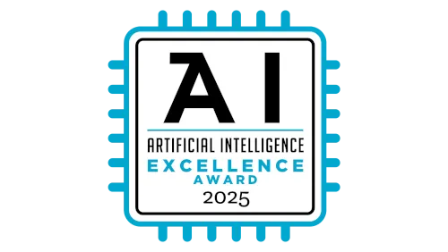 Artificial Intelligence Excellence Award 2025 logo with stylized AI letters inside a microchip outline.