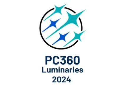 PC360 Luminaries 2024 logo featuring a circle with blue and teal star shapes inside.