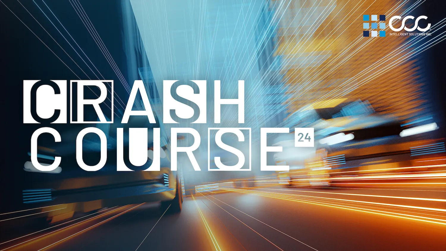 Dynamic city street scene with blurred cars and bold text reading Crash Course 24 and a company logo.