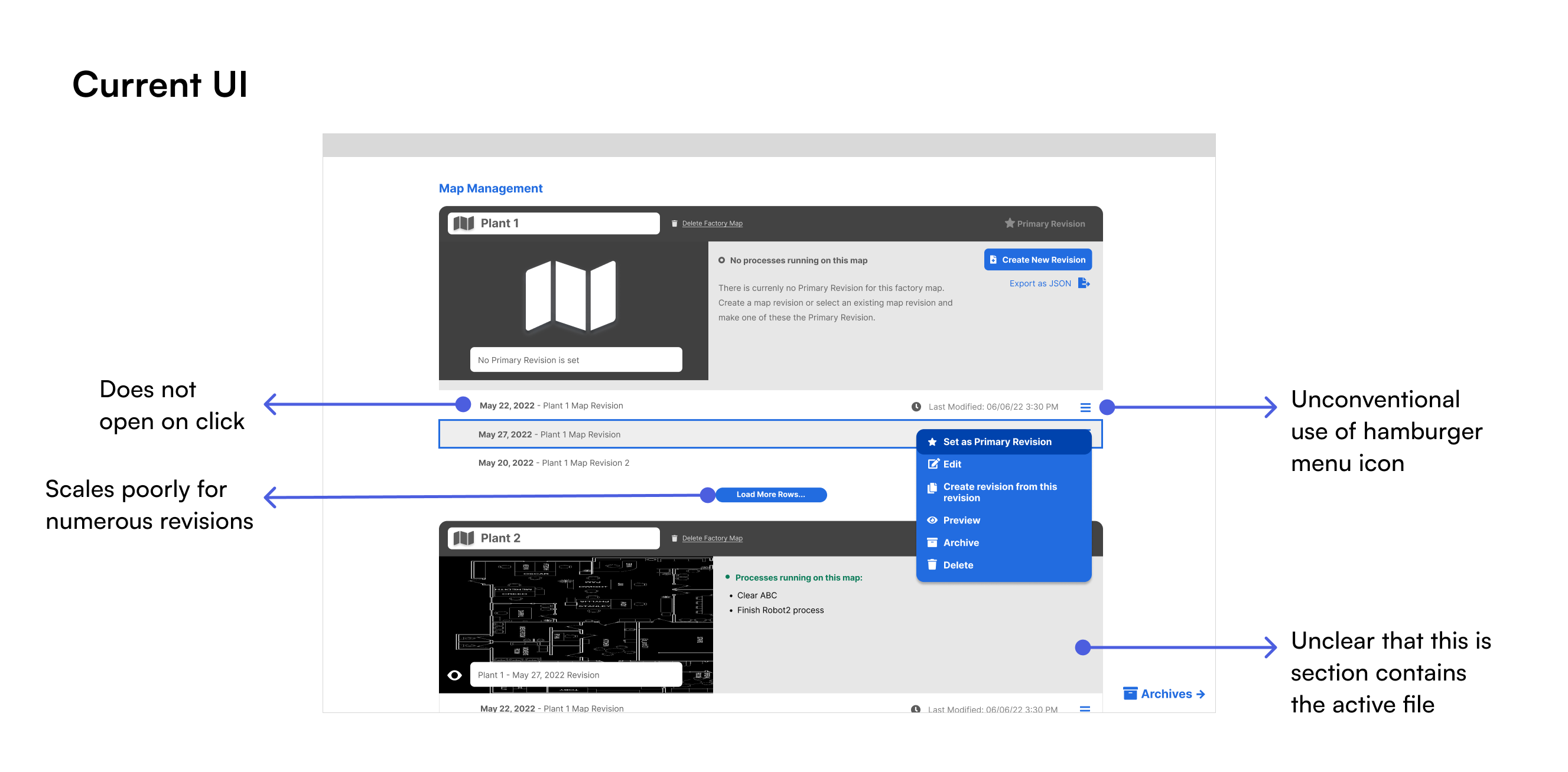 Image highlighting some usability issues of the current UI.