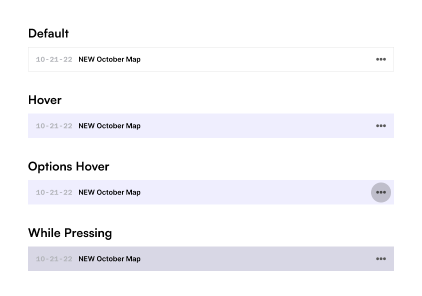 Image displaying default, hover, and pressed states of a revision draft row.