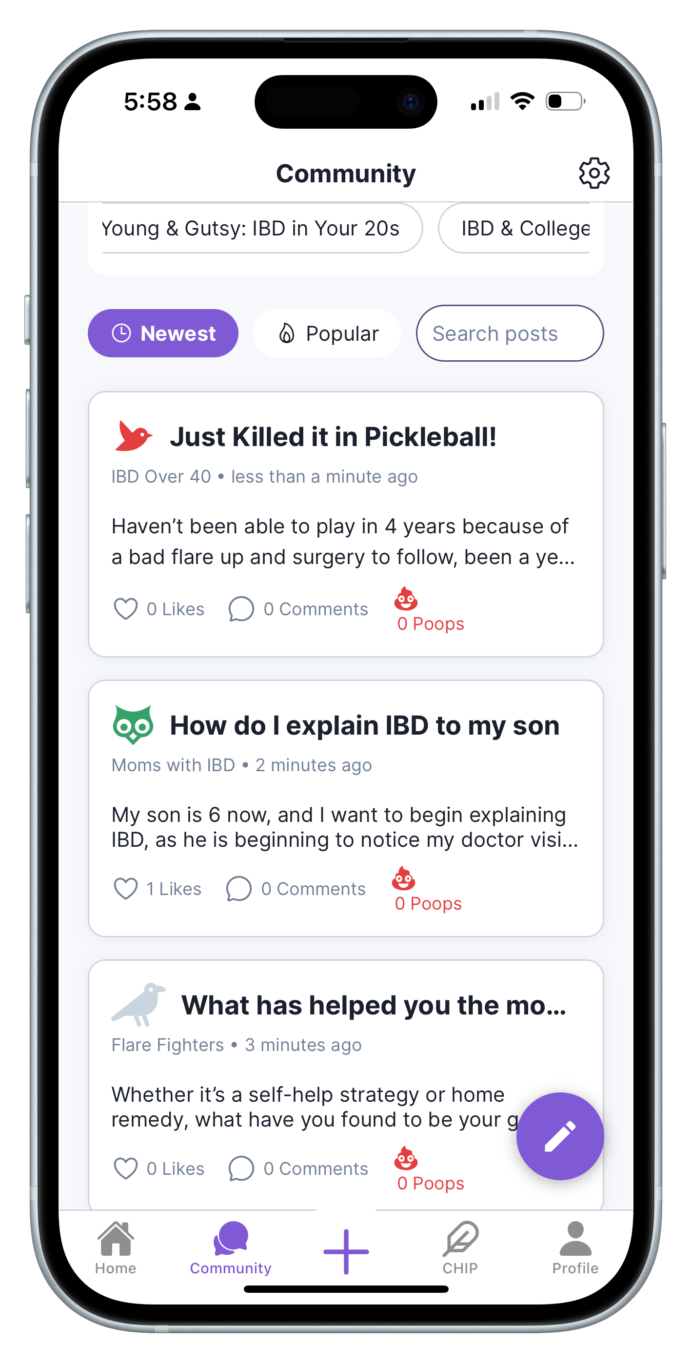 An Iphone demonstrating the Community page on the ReMission App.