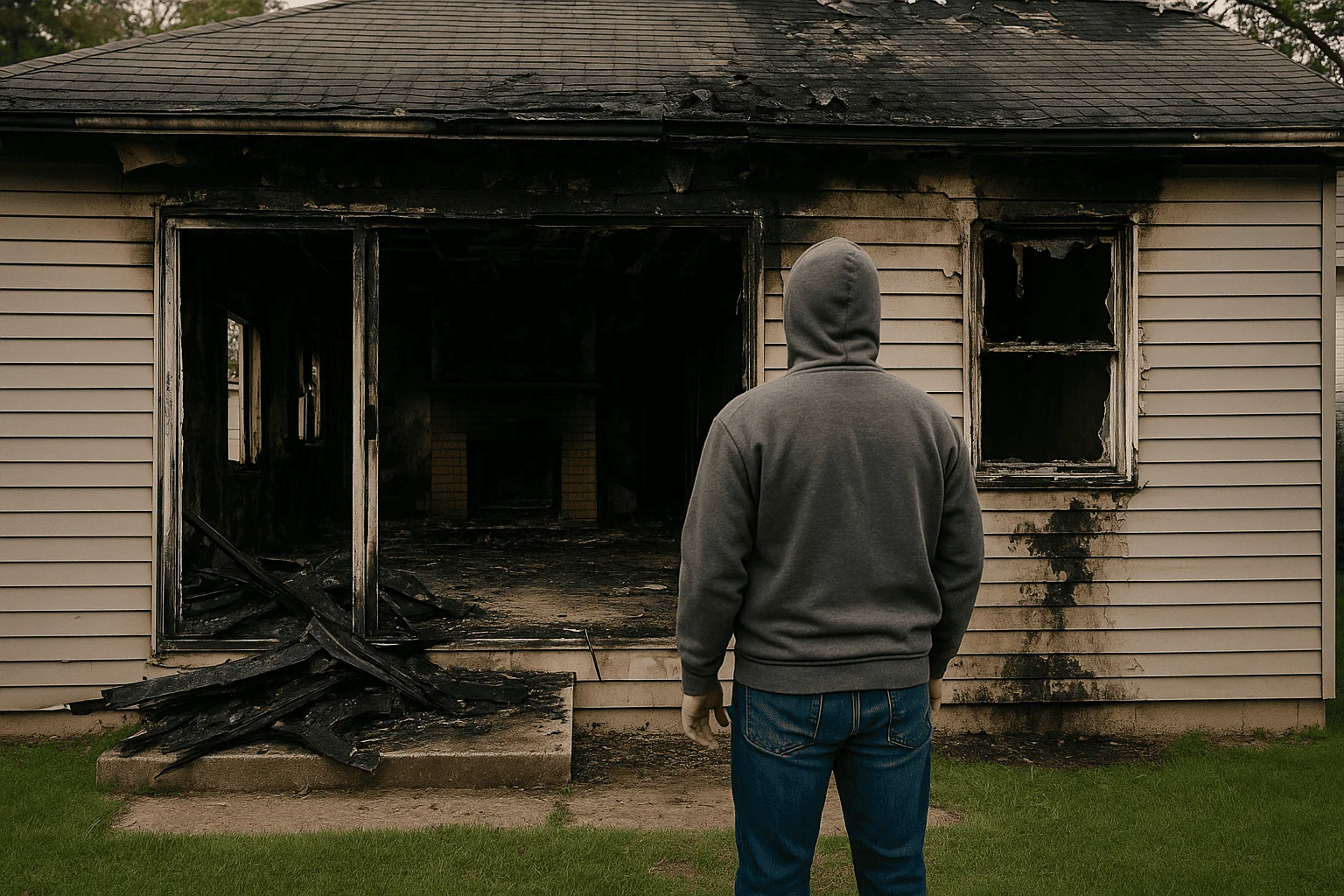 Man standing in front of a fire-damaged house assessing severe structural and smoke damage after a residential fire.
