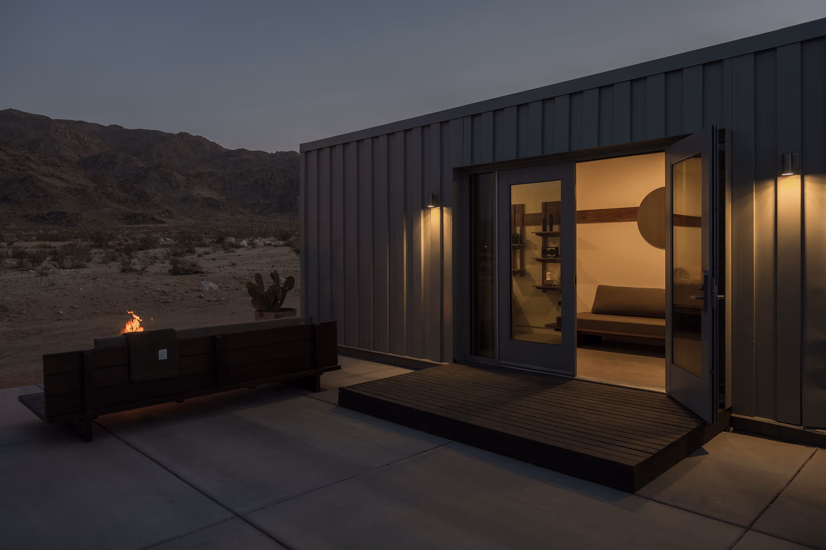Twentynine Palms desert stay: Reset Hotel’s modern home with lit interior and cozy fire pit