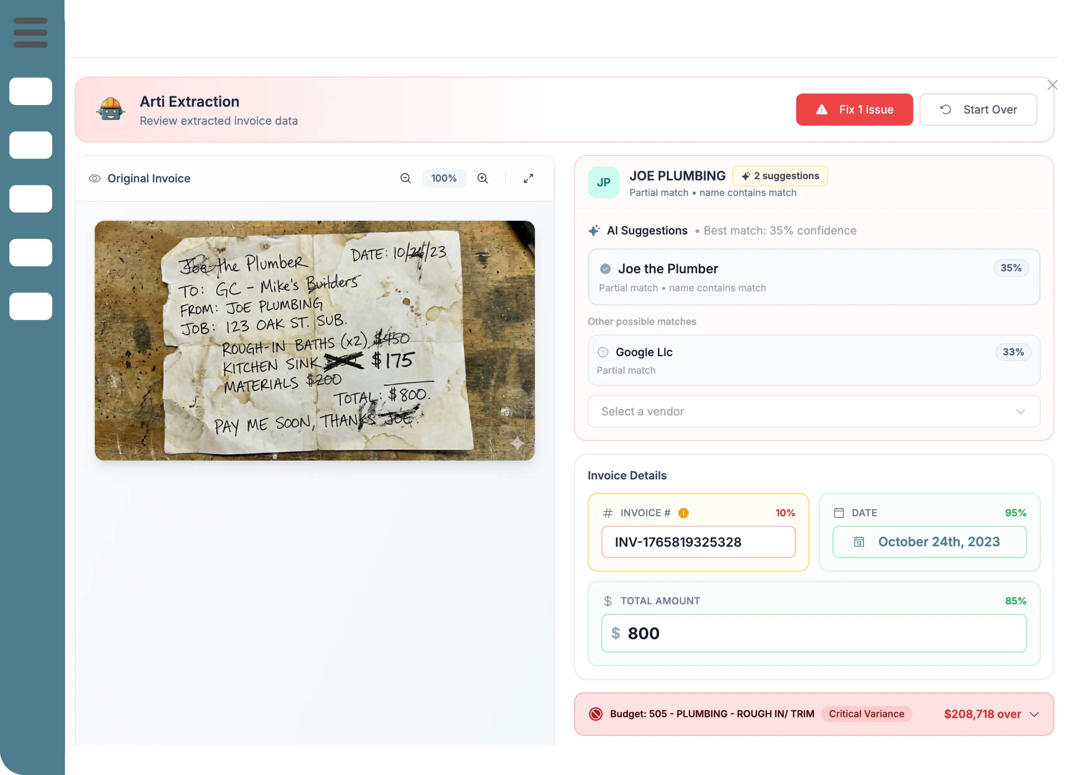 Trade Agent's AI, Arti, extracting invoice information from an uploaded image and noting potential issues