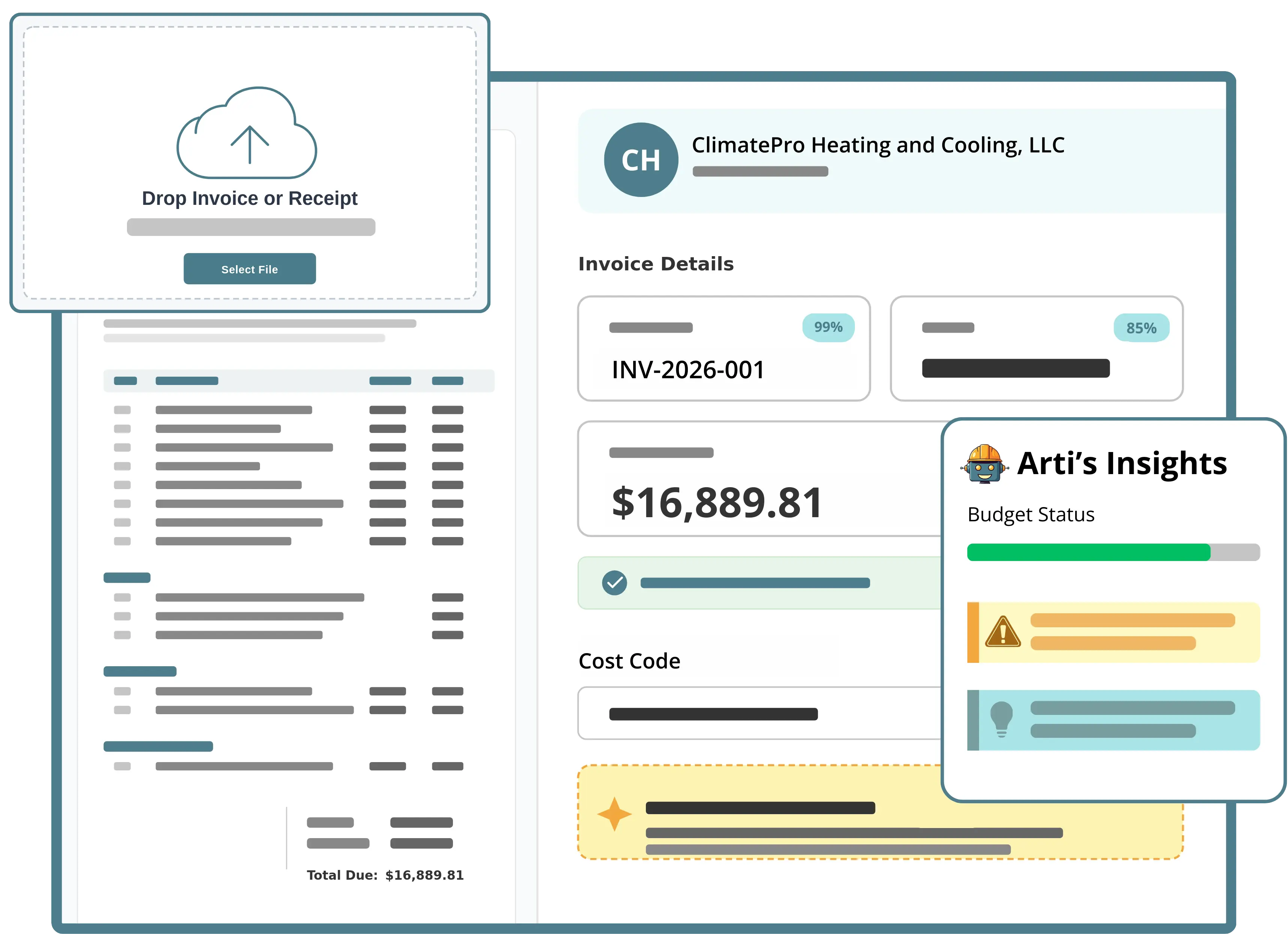 Digital dashboard showing an HVAC invoice summary with a total due of $16,889.81, including invoice details, cost code, and a budget status widget named Arti's Insights with progress bars and alerts.