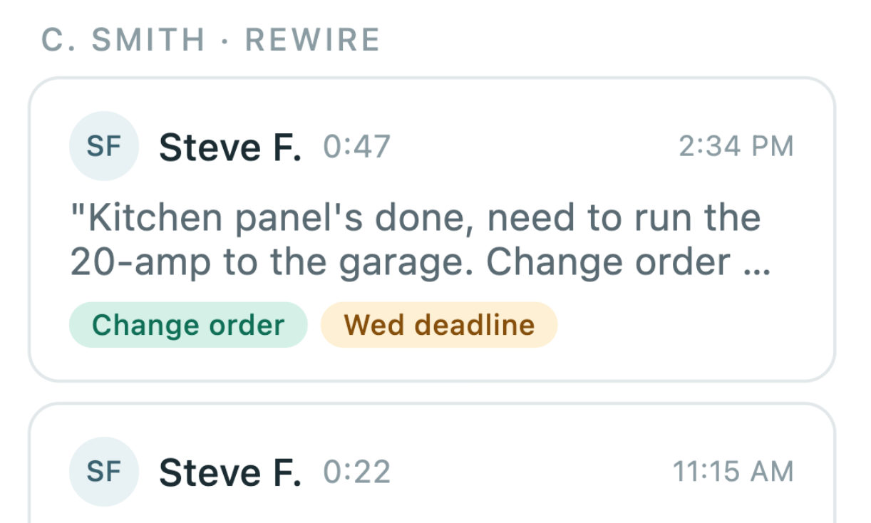 Message from Steve F. about kitchen panel completion and running 20-amp to garage, tagged Change order and Wed deadline.