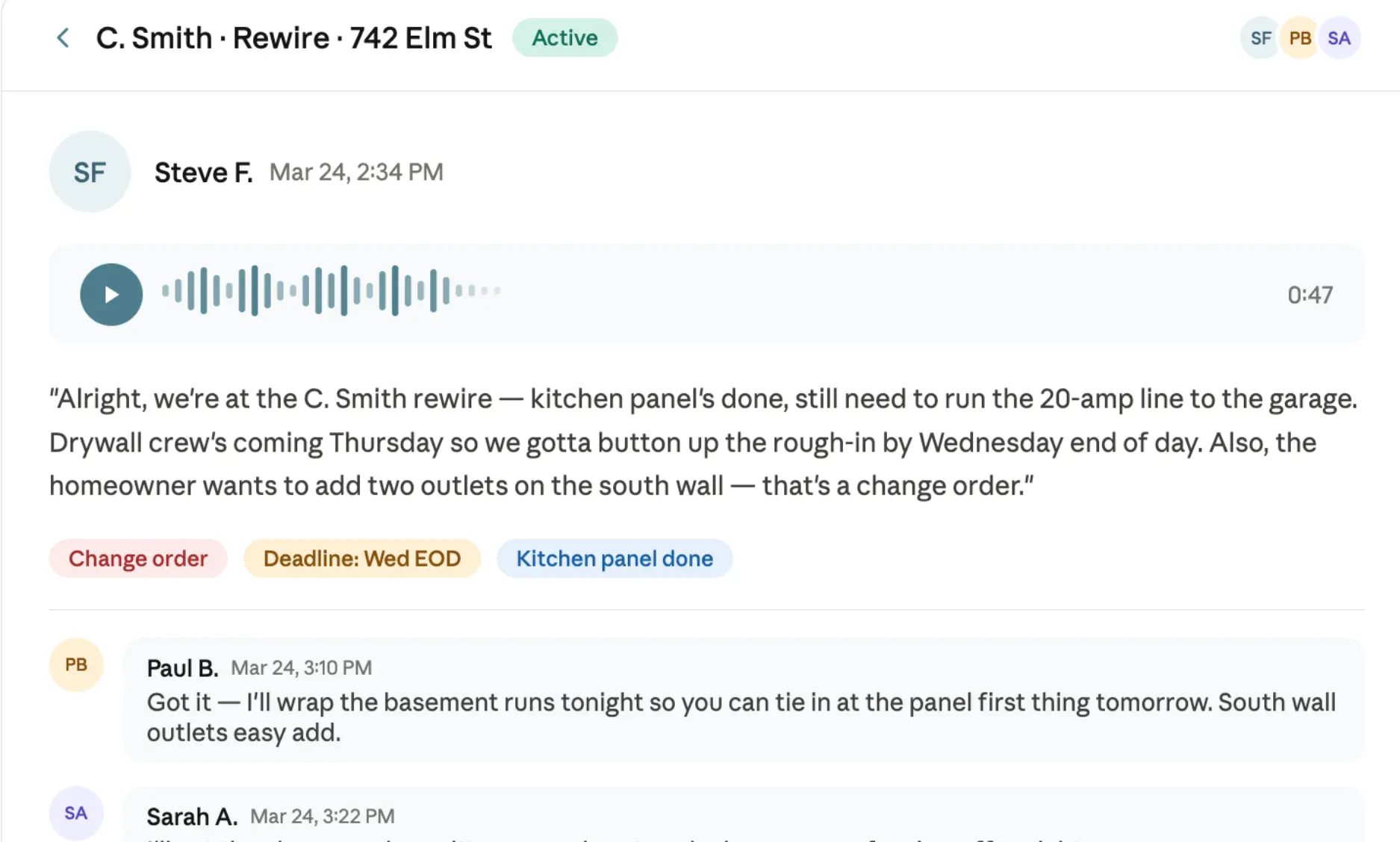 A voice note for a customer with team comments