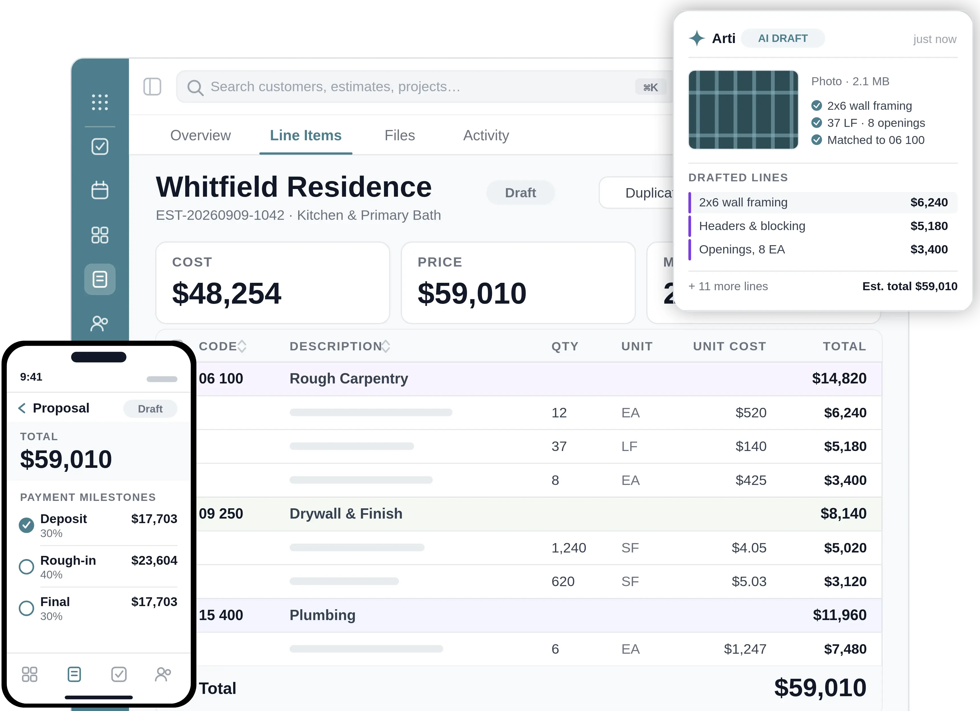 Digital dashboard showing an HVAC invoice summary with a total due of $16,889.81, including invoice details, cost code, and a budget status widget named Arti's Insights with progress bars and alerts.