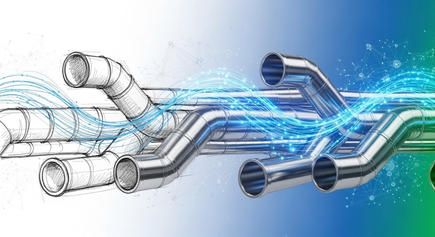 interconnected HVAC ducts morphing from hand-drawn sketch lines into precise 3D digital renderings with flowing data streams and AI neural network patterns. Color gradient from grayscale to vibrant blue and green. Technical but modern, suggesting transform