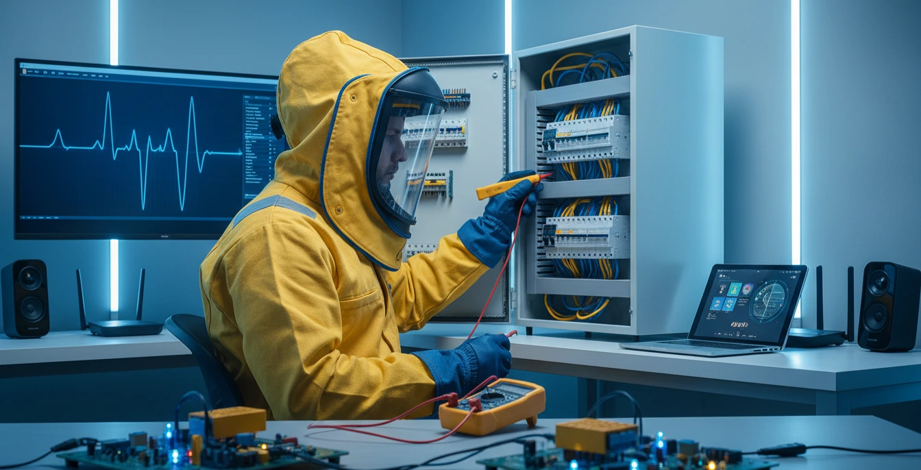 An electrician at work, electrical panel, smart home devices, circuit boards, blue and yellow accents.