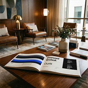 Open book displaying font styles titled 'Overused Grotesk Outfit' on a wooden coffee table in a modern, cozy living room with leather chairs and soft lighting.