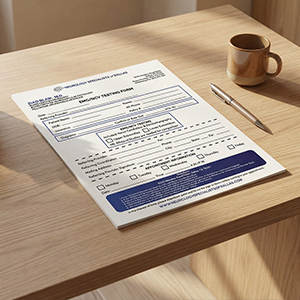 Filled application form on a wooden desk next to a pen and a coffee cup.