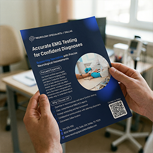 Person holding a brochure titled 'Accurate EMG Testing for Confident Diagnoses' from Neurology Specialists of Dallas with information and a photo of a patient undergoing EMG testing.