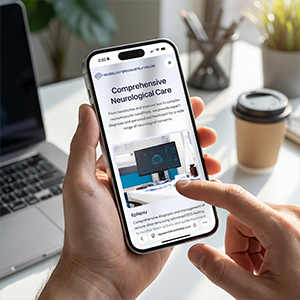 Woman in a gray blazer intently analyzing data charts on a desktop computer in a modern office.