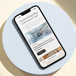 Smartphone displaying a blog post titled 'The Best Design Blogs & Resource Center' with an article on maximizing space in homes.