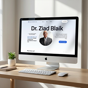 Desktop computer on wooden desk displaying a professional profile webpage of Dr. Ziad Blaik with a portrait photo and a consult button.