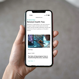 Hand holding a smartphone displaying a webpage titled 'Related Health Tips' featuring an article on neurological care with an image of a person pointing at brain scans on a screen.