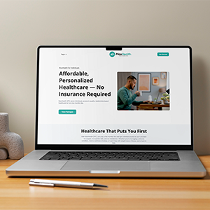 Laptop on wooden desk displaying a healthcare website promoting affordable, personalized healthcare with no insurance required.
