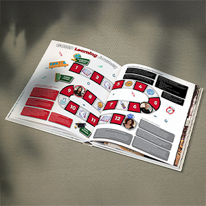 Open magazine showing a colorful board game-style infographic with numbered steps and explanatory text blocks.