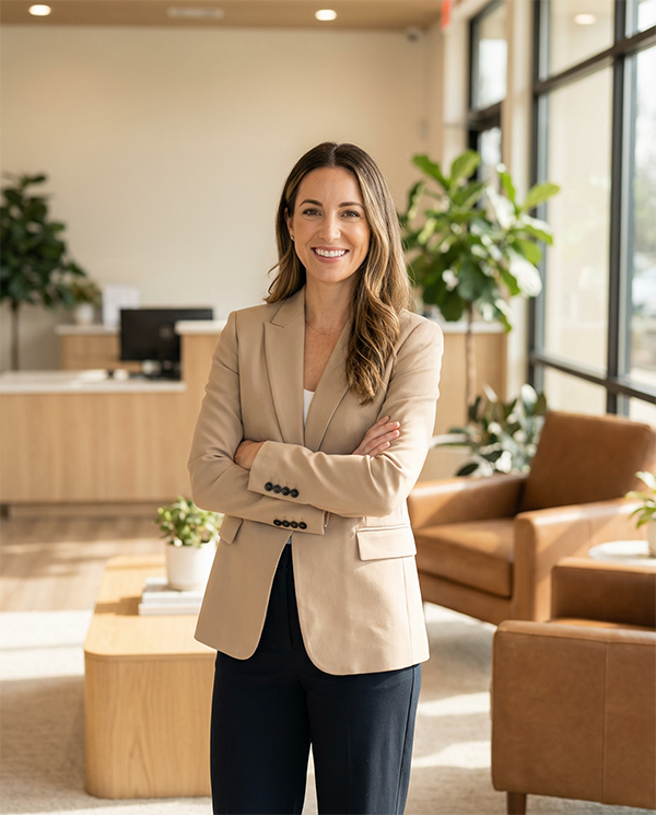Smiling woman with long brown hair wearing a beige blazer and black pants standing with arms crossed in a modern office lounge area.