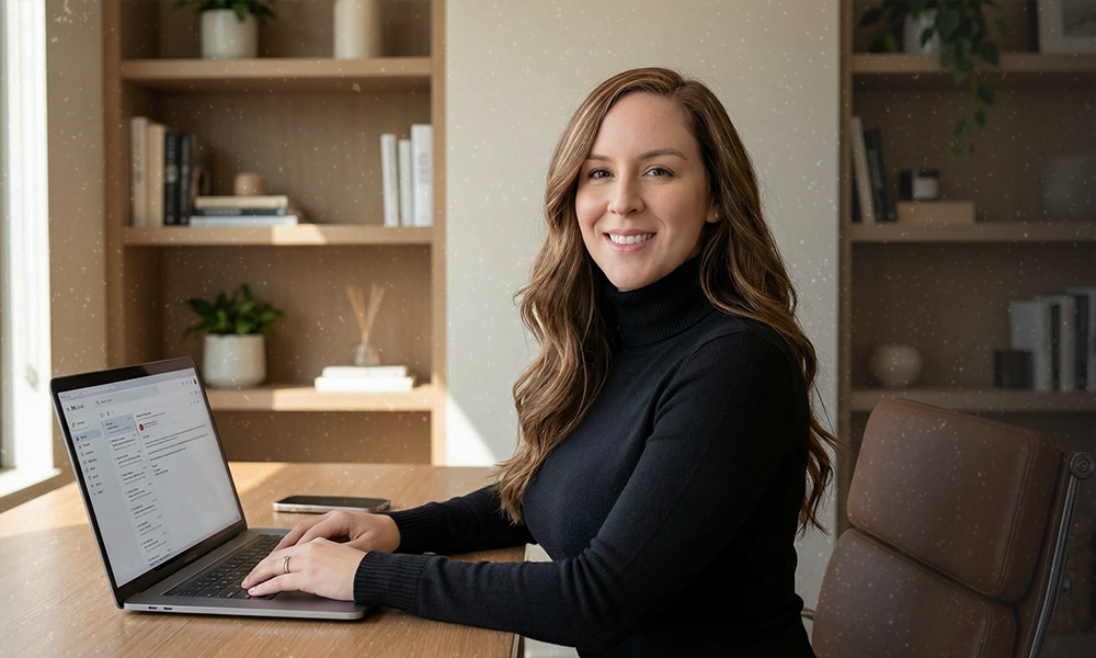 Smiling woman in black turtleneck sitting at a wooden desk typing on a laptop with bookshelves in the background.