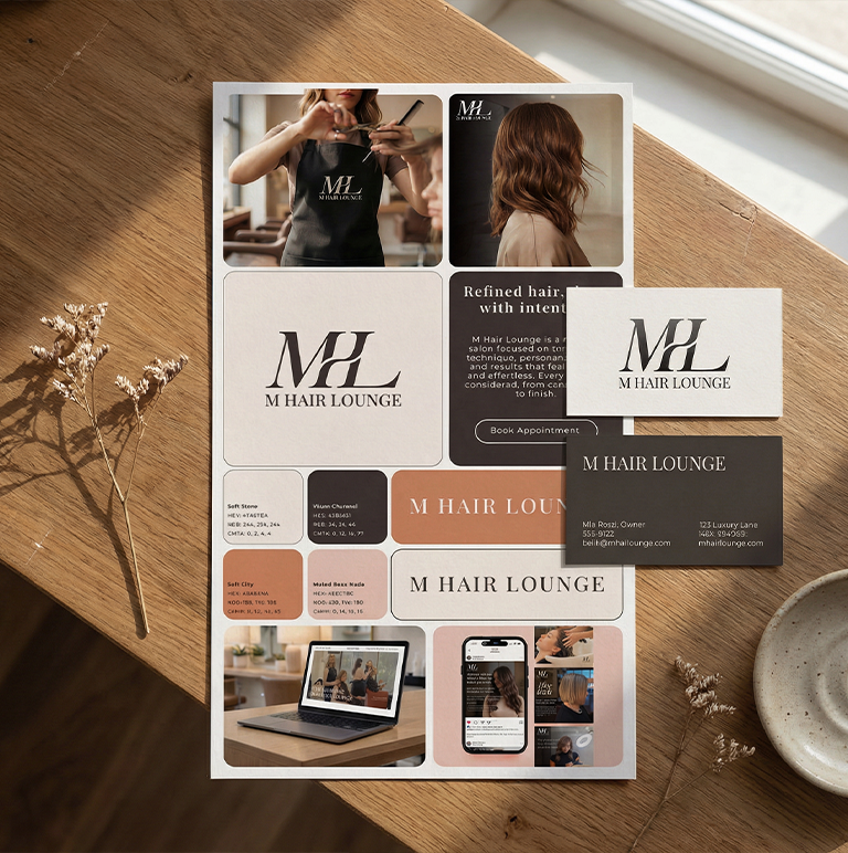 Brand foundation board for M Hair Lounge showing logo, color palette with HEX and CMYK codes, photos of hair styling, business cards, and digital social media mockups on a wooden table.
