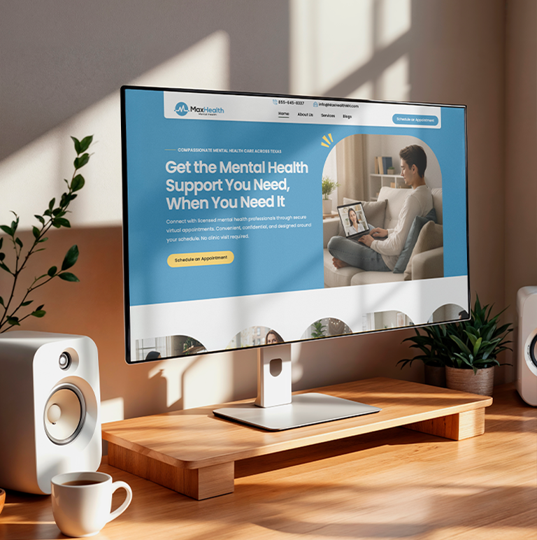 Computer monitor on a wooden desk displaying MaxHealth website offering mental health support through virtual appointments, with a person on a video call.