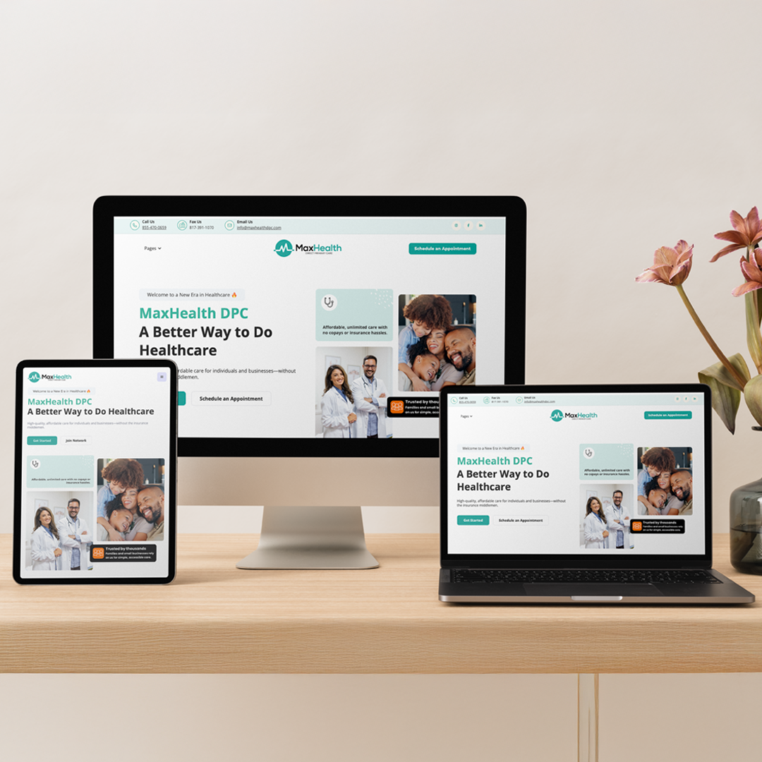Tablet, desktop monitor, and laptop on a wooden desk displaying MaxHealth DPC healthcare website interface with doctors and a happy family image.