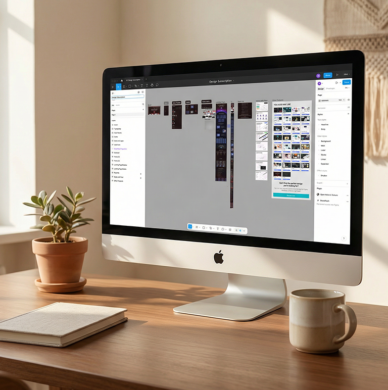 Modern desktop computer on wooden desk showing a design tool interface with various layout panels, with a coffee mug, notebook with pencil, and potted plant nearby.