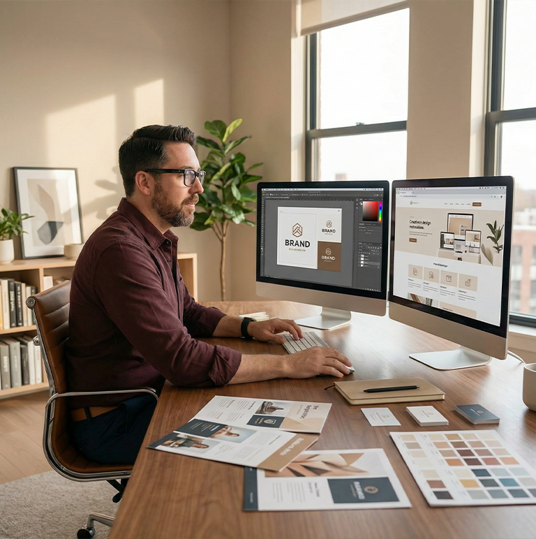 Man working on branding designs at a desk with dual monitors and printed brand materials.