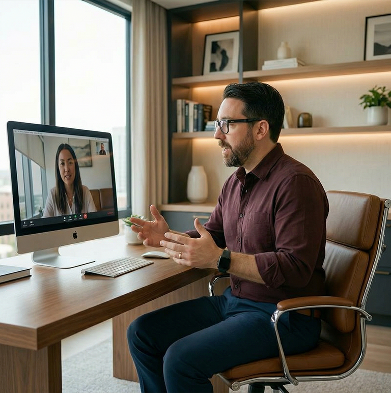 Man in glasses and a maroon shirt sitting on an office chair, gesturing while video chatting with a woman displayed on a desktop computer screen.