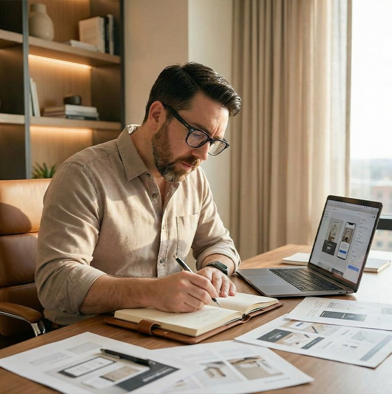 Man with glasses writing in a notebook at a desk with a laptop and scattered papers showing website designs.