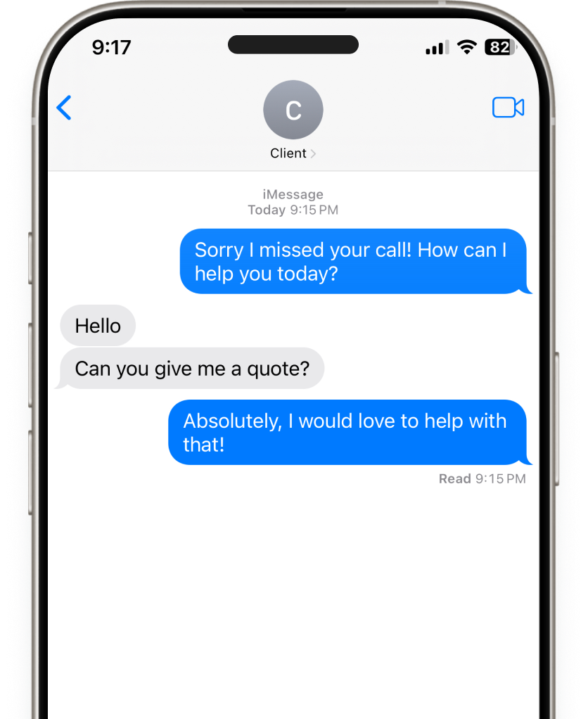iPhone screen displaying a text message conversation between a client and a service provider discussing a quote request.