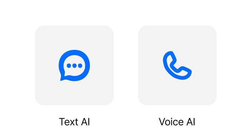 Two AI service icons: a blue chat bubble representing ‘Text AI’ and a blue phone icon representing ‘Voice AI,’ both on light gray backgrounds.