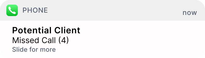 iPhone notification showing four missed calls from a potential client.