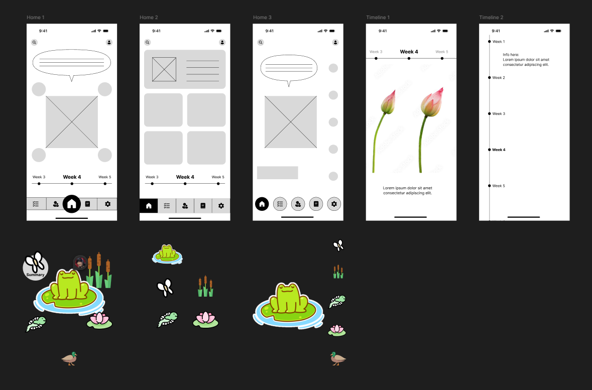 Five smartphone wireframe screens showing app interfaces: Home with icons and a timeline, horizontal and vertical timelines with flower images and text, and navigation bars; below are cartoon illustrations of frogs on lily pads, dragonflies, cattails, a duck, and tadpoles on a dark background.