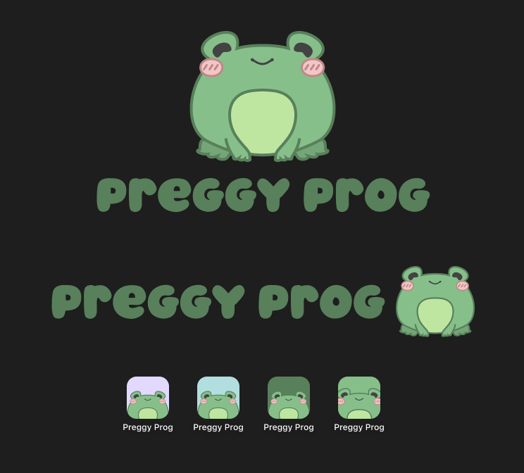Cute green cartoon frog with pink cheeks above and beside the text 'Preggy Prog' in a rounded green font, also shown in smaller app icon variations.