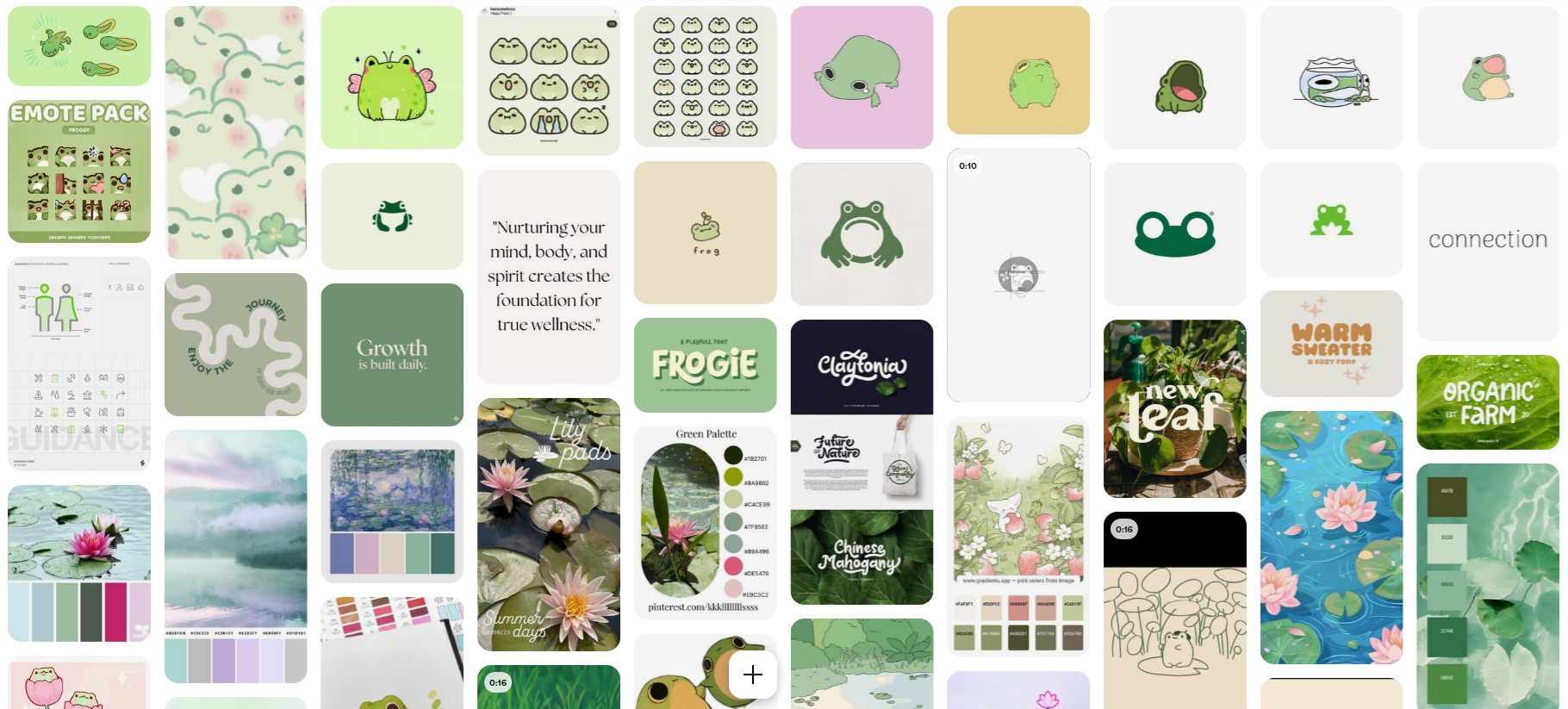 Moodboard collage featuring various cute frog illustrations, nature photos with lily pads and flowers, green color palettes, inspirational wellness quotes, and playful fonts related to frogs and nature.