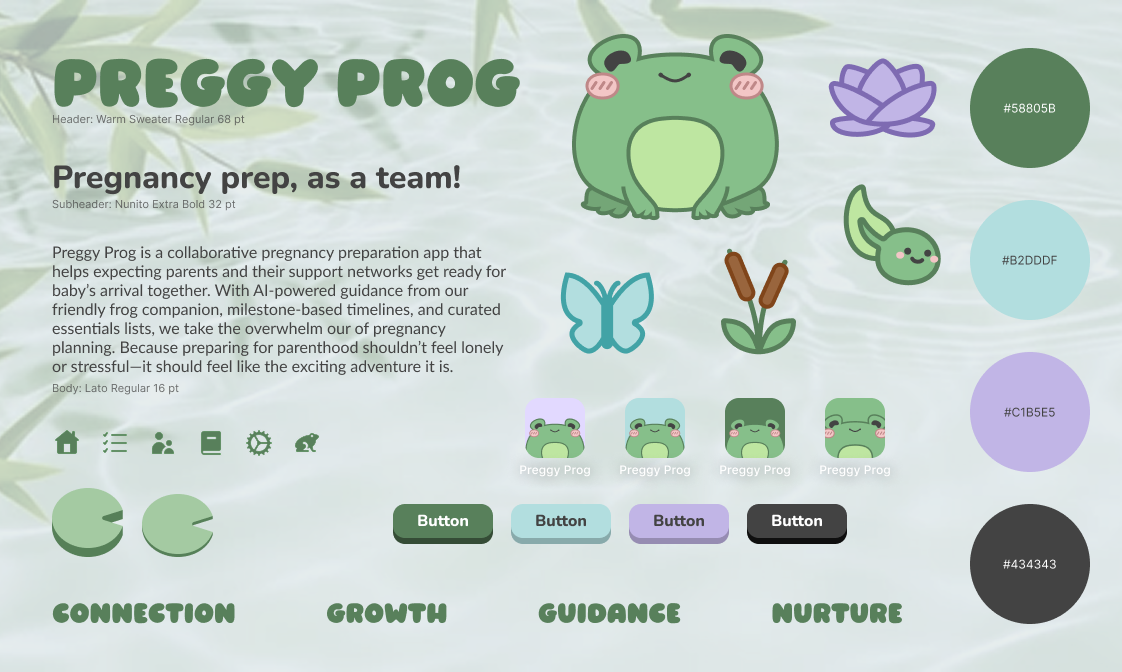 Preggy Prog style tile showing logo, frog mascot, app description, icons, buttons, and color palettes for a pregnancy preparation app.
