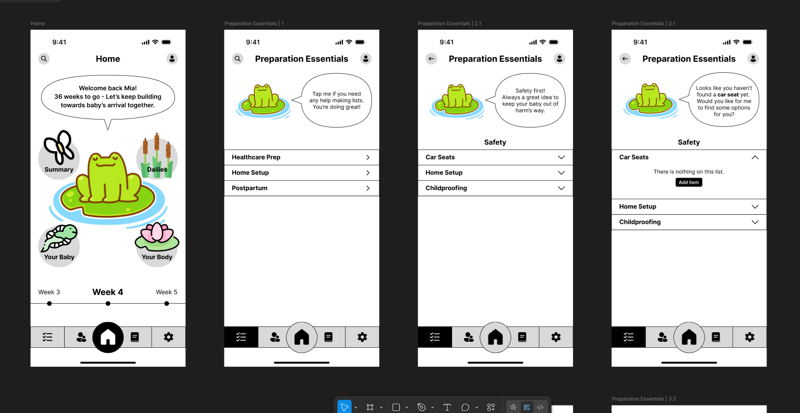 Four mobile app screens showing a pregnancy preparation app with a green frog mascot offering guidance on home setup, safety, and car seat preparation.
