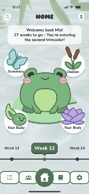 Pregnancy app interface with a green cartoon frog, showing week 13 and buttons for Summary, Dates, Your Baby, and Your Body.