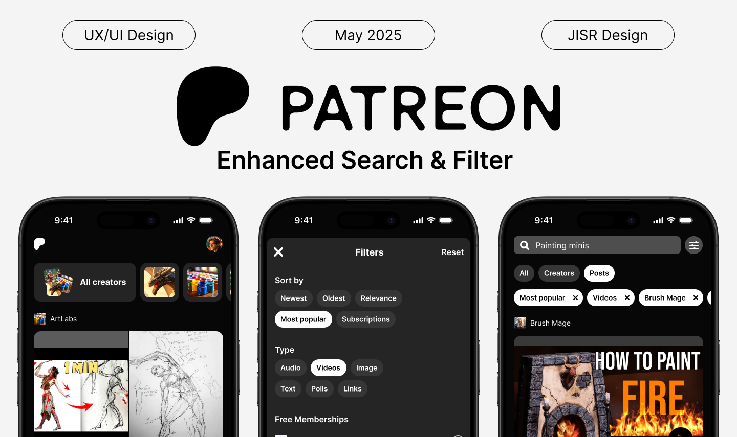 Three smartphone screens showing Patreon app search and filter features with options to sort by newest, oldest, relevance, and various content types like audio, videos, and images.